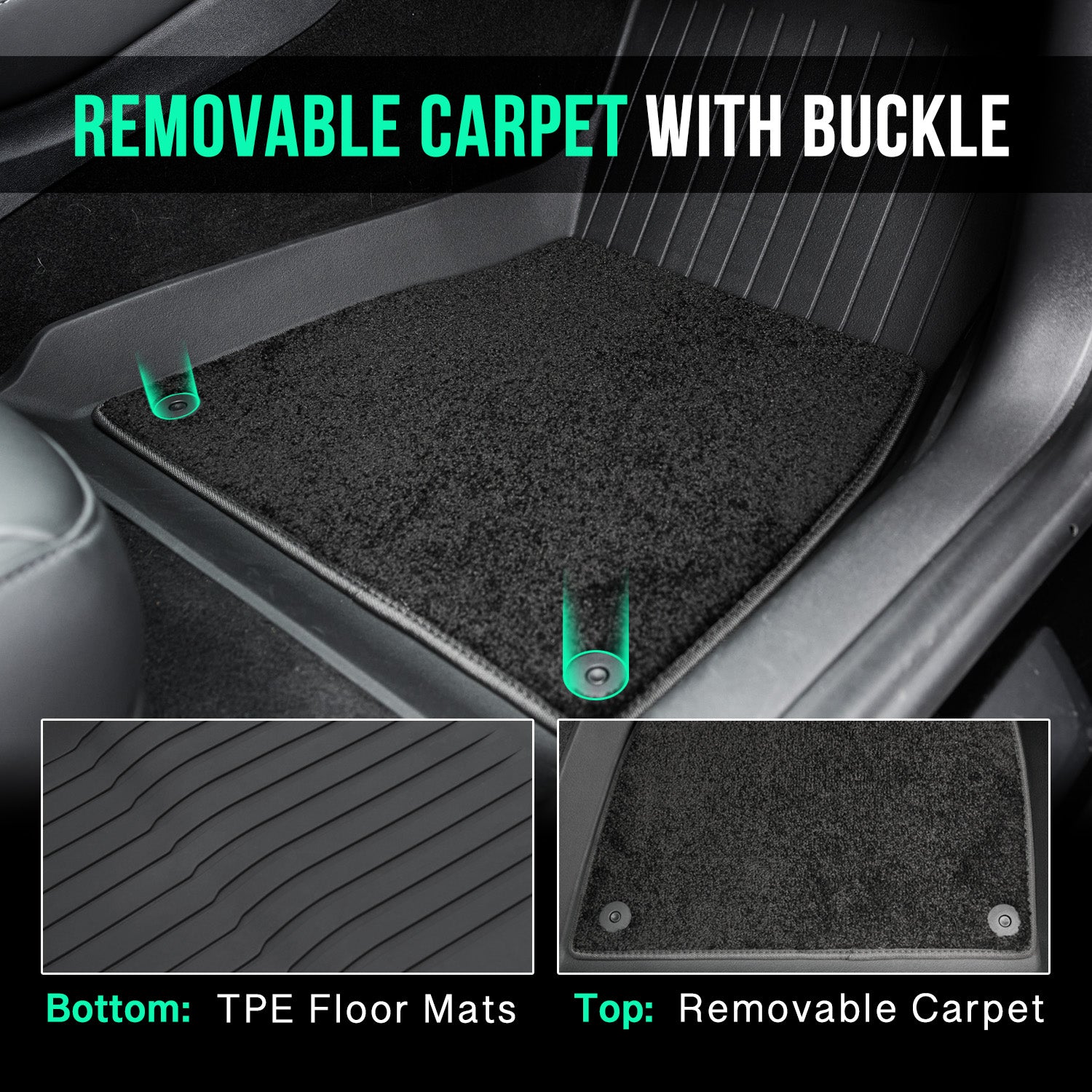 2-in-1 TPE All Weather Model 3 Floor Mats 2023 with Removable Carpet (Left Hand), Waterproof Anti-Slip Floor Mats for Model 3